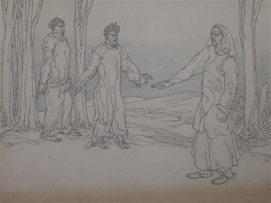 § Austin Osman Spare (1888-1956) Three robed figures and tree trunks 7 x 9.5in. unframed